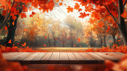 Wall Mural - wooden tabletop with orange leaves and a dreamy, blurred autumn forest background