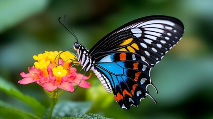 Wall Mural - A vibrant blue, black, orange, and white butterfly feeding on a pink and yellow flower.