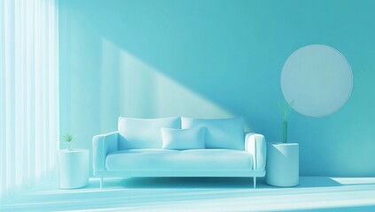 Sticker - Minimalist light blue living room with sofa, sunlight, and side tables.