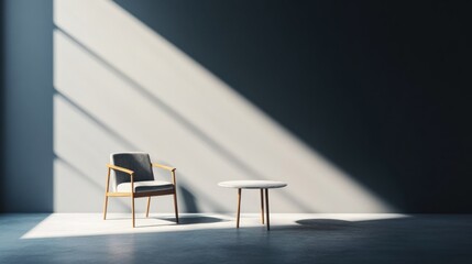 Sticker - Minimalist room with chair and table, sunlit.