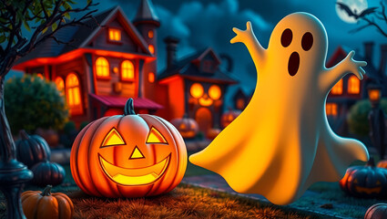 Wall Mural - Jack o' lantern pumpkin and ghost with Halloween spooky village background.