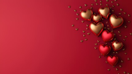 Wall Mural - Festive arrangement of hearts and confetti on a red background