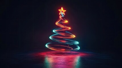 Wall Mural - glowing neon christmas tree shape emits festive light, creating a striking holiday symbol on a dark 