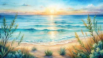 Wall Mural - Serene Seascape at Sunset Gentle Waves on a Sandy Shore Framed by Coastal Vegetation