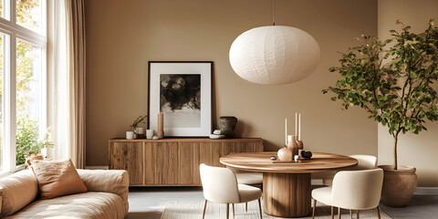 Wall Mural - Brown color chairs at round wooden dining table in room with sofa and cabinet near green wall.