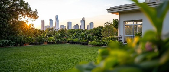 Wall Mural - Stunning City Skyline Sunset View from Urban Rooftop Garden