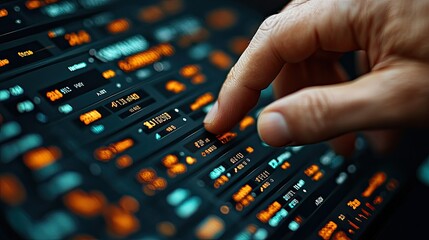 Finger presses a display screen with a complex digital data dashboard.