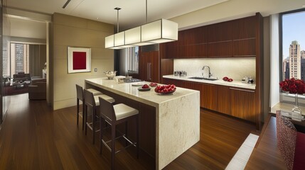 Modern luxury kitchen with island, hardwood floors, and city view.