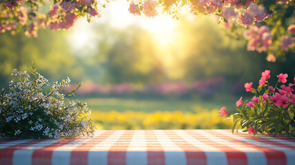 Wall Mural - spring table set in a garden with blooming trees and a sunny, defocused garden background