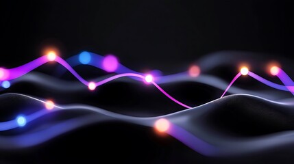 Canvas Print - Abstract glowing lines and nodes forming wavy patterns on dark background.