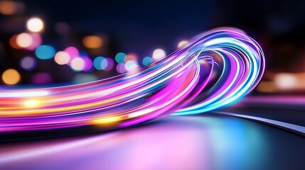 Wall Mural - abstract glowing light trails, dynamic curves, vibrant colors, city bokeh background.