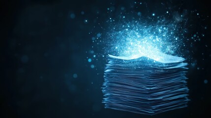 A glowing stack of digital papers emits shimmering particles against a dark background, symbolizing data and technology.