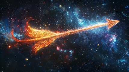 Wall Mural - an arrow formed from strands of light, weaving through a dark, cosmic backdrop, representing inspira