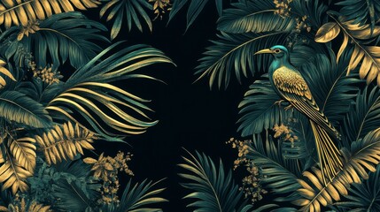 tropical pattern of exotic birds and big palm leaves. golden outline. vintage vector botanical illus