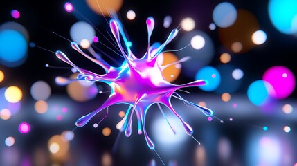 Abstract iridescent liquid splash with vibrant bokeh background.