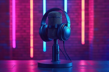Wall Mural - professional microphone with headphones in neon studio setting for modern audio production and podca