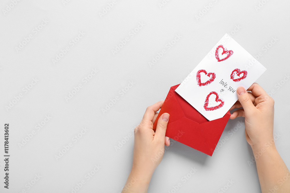 Female hands with red envelope and greeting card on grey background, closeup. Valentine's Day celebration