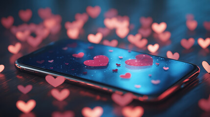 Wall Mural - smartphone screen displaying colorful hearts surrounded by glowing heart shapes, creating romantic and vibrant atmosphere. Perfect for expressing love and affection