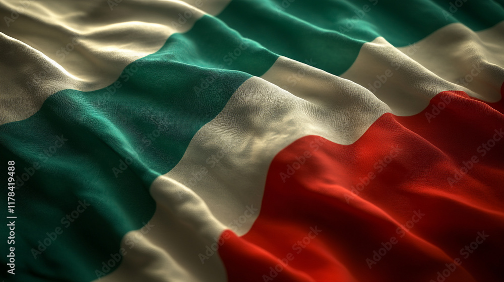 Waving fabric of the Italian flag showcases vibrant green, white, and