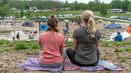 Two people sitting on a sandy area looking at play area on a spring day.