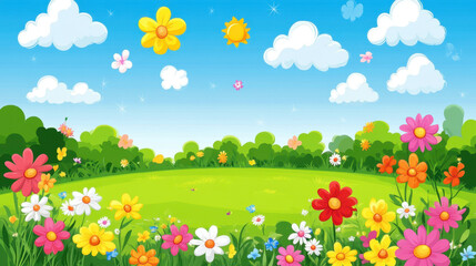 bright and colorful spring landscape with flowers, sun, and clouds, creating cheerful atmosphere. pe