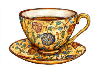 Wall Mural - vintage tea cup with floral design and saucer, perfect for tea lovers