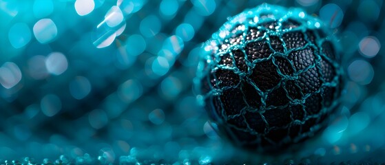 Wall Mural - Close-Up of Dark Sphere Wrapped in Aqua Mesh with Soft Bokeh Effect and Sparkling Textures