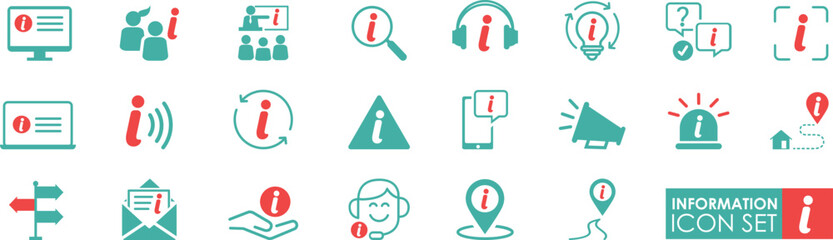 Information icon set in solid style. It contains info, help, inform, call center, support, news, about us, instructions, and notice icons.