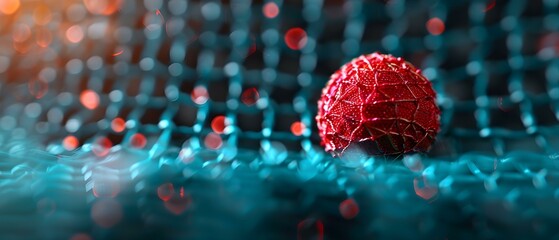 Red textured ball resting on a blue net against a blurred colorful background with bokeh effects