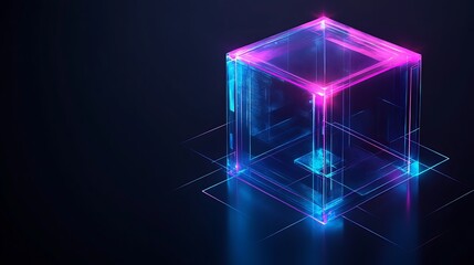 Wall Mural - neon glowing cube abstract digital art
