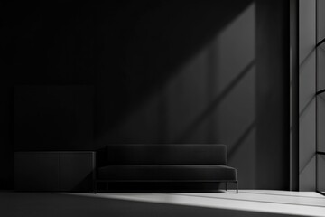 Wall Mural - Dark modern room interior with sofa and sunlight.