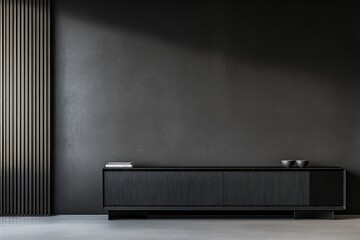 Sticker - Dark room interior with modern console table and textured wall.