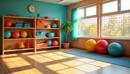 Empty sunny fitness room with colorful equipment. Wooden shelves with exercise balls, mats. Yoga mats, exercise balls near large windows. Empty class playroom with sports equipment. Healthy lifestyle