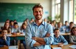 © Pete - Male teacher smiles at camera in elementary school classroom. Students sit attentively in rows. Positive learning environment. Happy, pro teacher interacts with pupils. School day. Indoor shot.