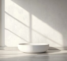 Canvas Print - Minimalist white bowl on light wood floor with window light.