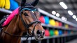 © PPS - Chestnut horse in a stable, wearing a bridle and ear bonnet.