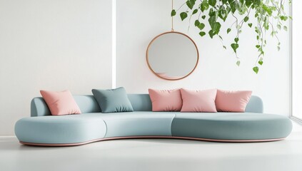 Wall Mural - Modern curved sofa with pink and teal pillows in minimalist white room.