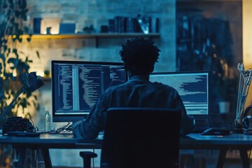 A programmer works late, coding on two large monitors filled with lines of code. This image depicts dedication, late-night work, and software development.