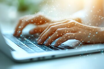 hands typing on laptop keyboard network connections