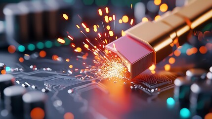 Canvas Print - Close-up of a USB connector sparking on a circuit board, representing high-speed data transfer.