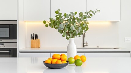 Wall Mural - Modern kitchen counter with citrus fruits, eucalyptus, and white vase.