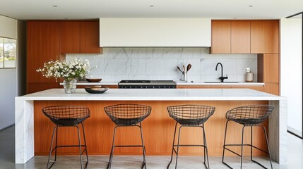 Wall Mural - Modern kitchen with marble backsplash, wood cabinetry, and island seating.