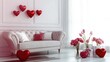 © Paradox - Interior of living room with sofa and decor for Valentine's Day. heart-shaped balloons for Valentine's Day celebration