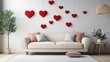 © Paradox - Interior of living room with sofa and decor for Valentine's Day. heart-shaped balloons for Valentine's Day celebration