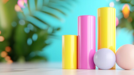 Wall Mural - Colorful cylinders and spheres on marble surface with blurred tropical background.