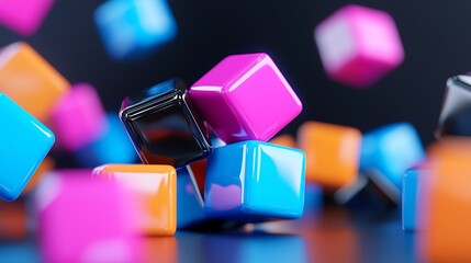 Canvas Print - Colorful glossy cubes falling and resting on a dark surface.