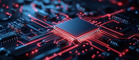 Wall Mural - high-tech microchip on circuit board with glowing red lines and advanced technology background