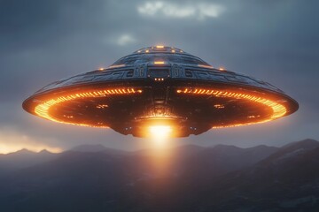Wall Mural - massive, glowing ufo is soaring through the sky above a majestic mountain range