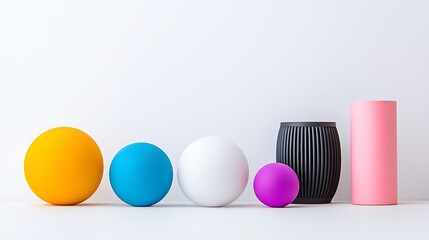 Wall Mural - Colorful spheres and cylinders on white background.