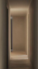 Wall Mural - a hallway with a light shining on the wall. there are two doors on the left side of the hallway